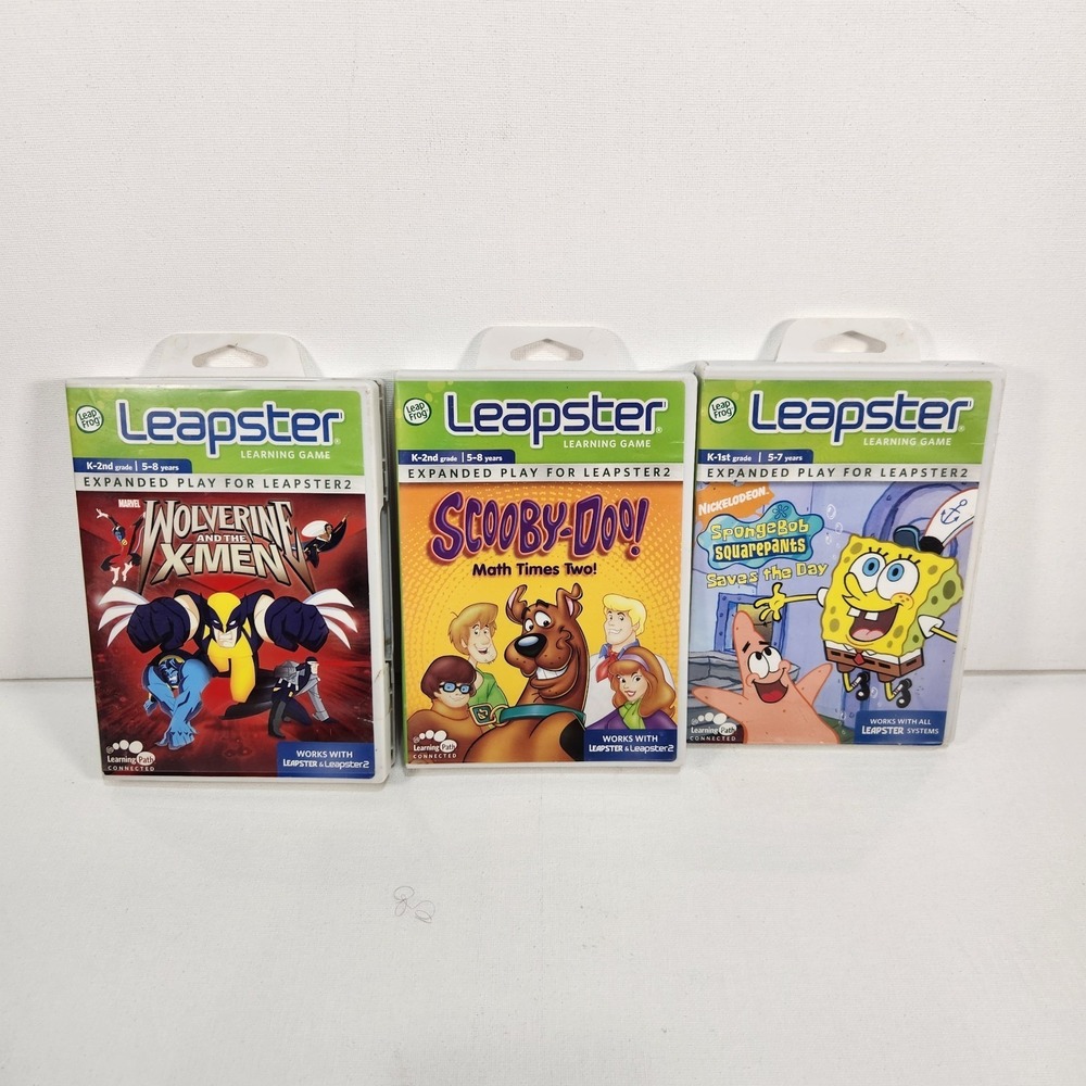 Leapster LeapFrog Lot Of 3 Cartridges Wolverine Xmen/ Scooby-Doo/ SpongeBob